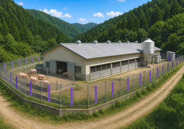 クマ忌避シート「亥旦停止（いったんていし）クマ用」設置用　使用事例　豚舎